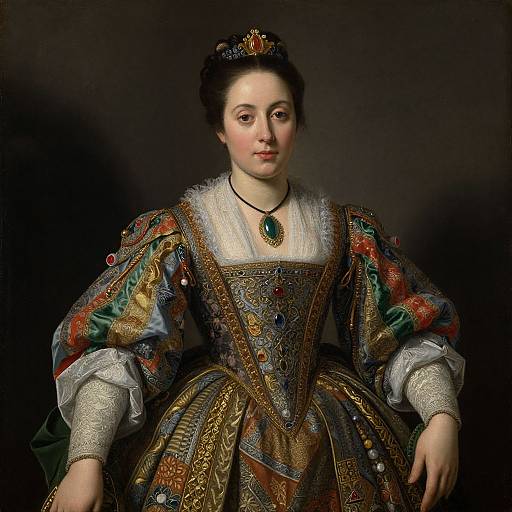 17th-century portrait of a fair-skinned noblewoman in elaborate, colorful Renaissance-style dress with intricate embroidery, puffed sleeves, green gem pendant,