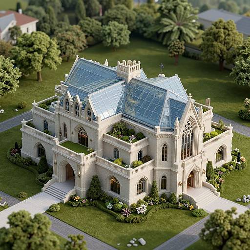Photorealistic CGI of a grand, Gothic-style mansion with glass-tiled roofs, arched windows, and lush gardens surrounded by trees.