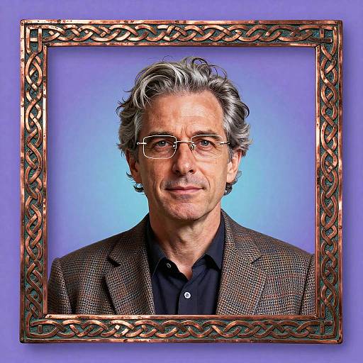 Photograph of an older man with gray hair, glasses, and brown checkered blazer, framed in an ornate copper frame against a blue background