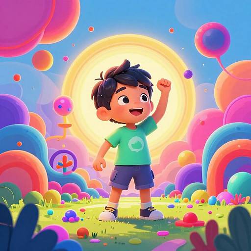 Colorful digital illustration of a smiling boy in a green shirt and blue shorts, raising his fist in a bright, vibrant world of floating rainbow spheres and