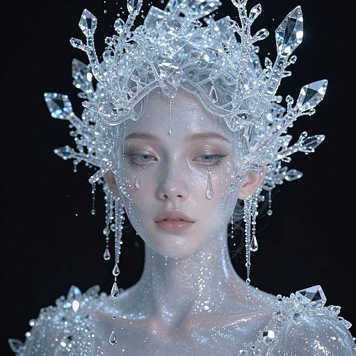 Digital artwork of a pale-skinned, blue-eyed woman with a crystalline snowflake crown, adorned with icicles, against a black background. Her