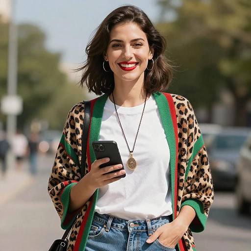 Smiling Woman Outdoors with Leopard Shawl