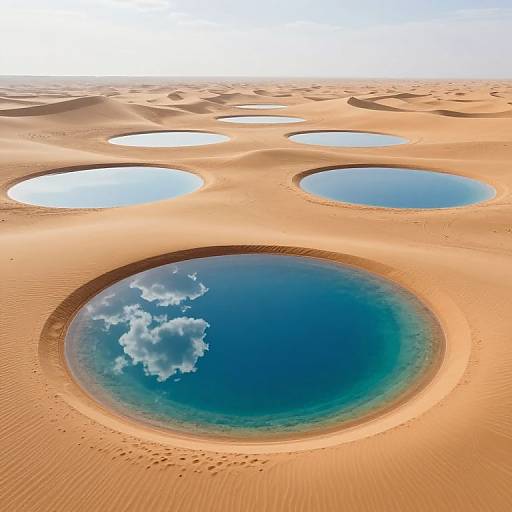 Photograph of a desert landscape with five circular, shallow water-filled holes revealing a bright blue sky with fluffy clouds. Sand dunes surround the holes,