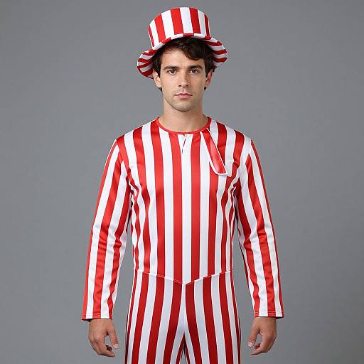 Photograph of a young man with fair skin and dark hair, wearing a red and white striped clown outfit and hat, standing against a plain gray background