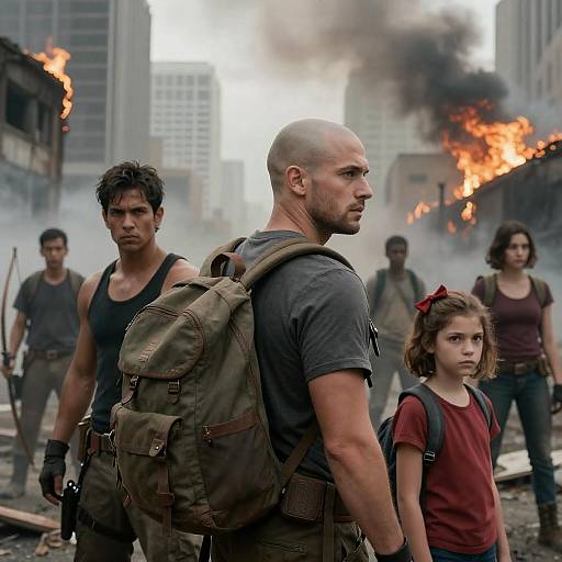 Survivors in a Burning Cityscape