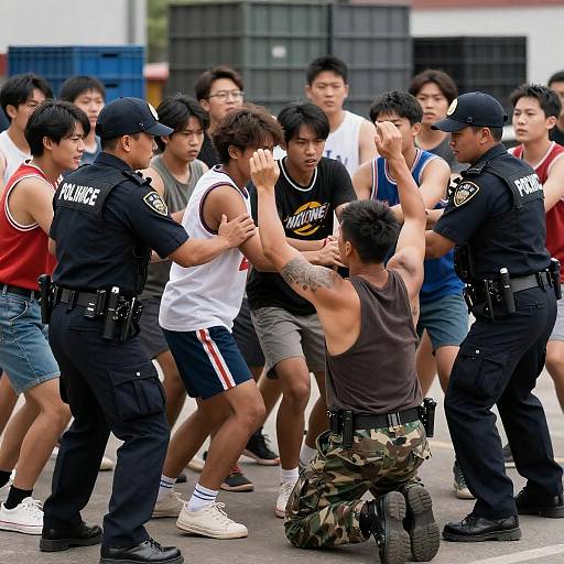 Chaotic Crowd Scene with Police Officers