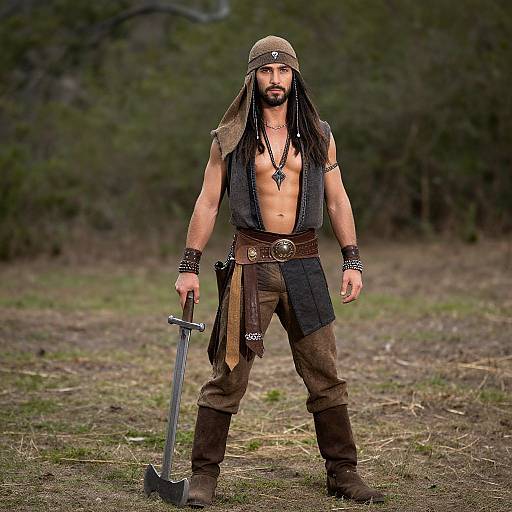 Photograph of a muscular, bearded man in tribal warrior attire, holding a sword, standing in a grassy, forested area.