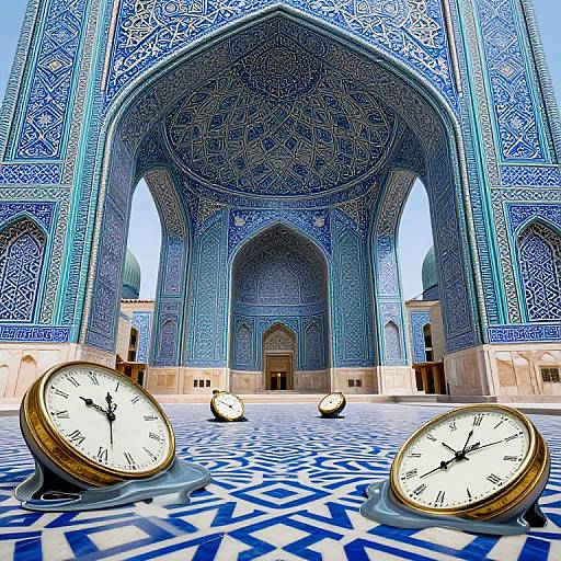 Photograph of a richly decorated, blue-tiled mosque interior with intricate geometric patterns, three overturned clocks on blue-and-white tiled floor.