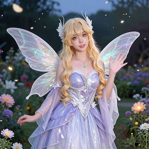 Cosplay photograph of a blonde woman with glowing fairy wings, wearing a shimmering silver dress, standing in a magical garden at dusk.