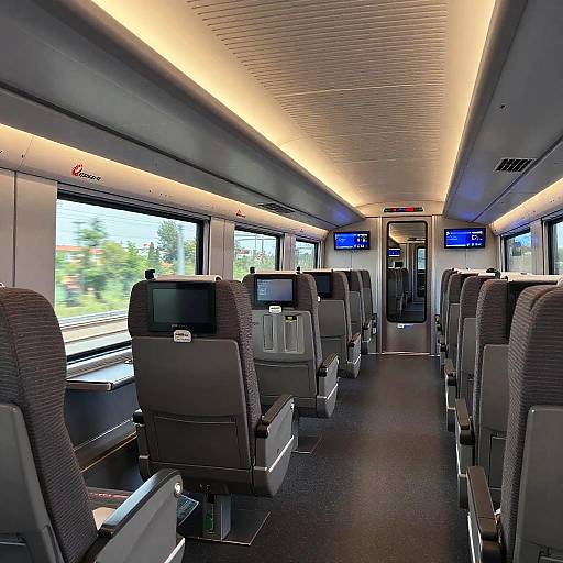 Photograph of a modern train's empty interior, featuring gray upholstered seats, overhead lights, large windows with green scenery, and blue digital displays above