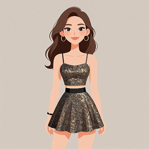 Digital illustration of a young woman with long brown hair, wearing a shimmering black spaghetti strap top and skirt, large hoop earrings, and a black bracelet