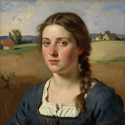 Realistic oil painting of a young Caucasian woman with fair skin, brown braid, blue dress, and white blouse, set against a rural countryside backdrop