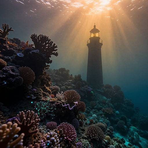 Underwater photograph of a sunlit lighthouse surrounded by colorful coral reefs, with sun rays penetrating the clear blue water.