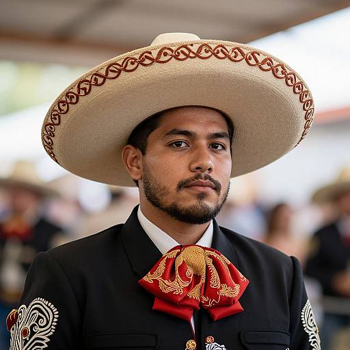 Photograph of a young Hispanic man with a beard, wearing a large white sombrero with red patterns, a black suit, and a red bow tie