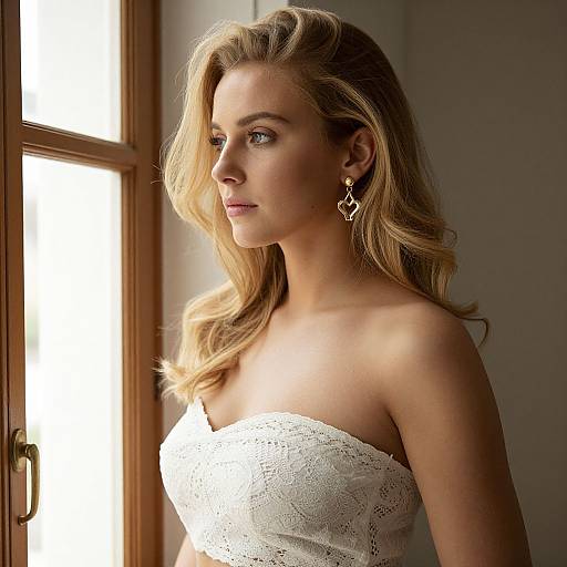 Photograph of a blonde woman with wavy hair, wearing a white lace strapless dress and diamond earrings, gazing out a sunlit window.