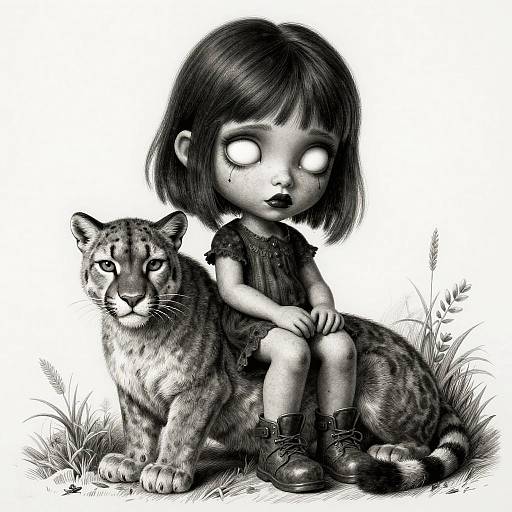 Ink-style drawing of a large-eyed, black-haired child in a dress, sitting beside a tiger on grass, with glowing white eyes.