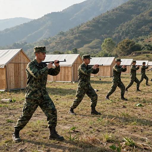 Photograph of four male soldiers in camouflage uniforms practicing rifle drills in a grassy field with wooden barracks and mountains in the background.