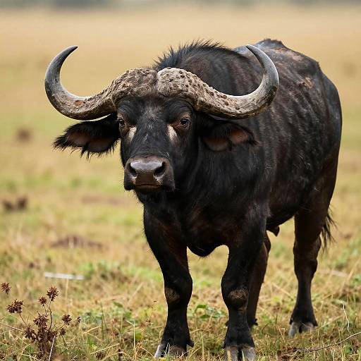Photograph of a black African buffalo with large, curved horns standing in a grassy field, looking directly at the camera.