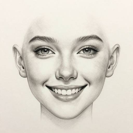 Black-and-white pencil drawing of a smiling bald person with detailed eyes, eyebrows, and teeth, set against a plain white background.
