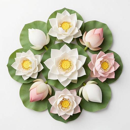 Photograph of six lotus flowers with white and pink petals, yellow centers, and green leaves, arranged symmetrically on a white background.