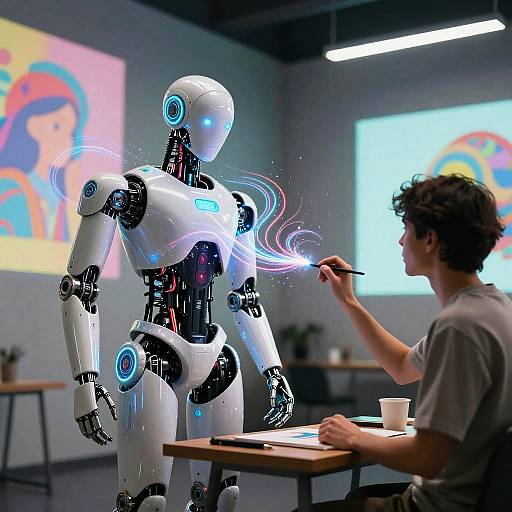 Photograph of a male artist painting blue glow lines on a white humanoid robot in a modern, brightly lit studio.