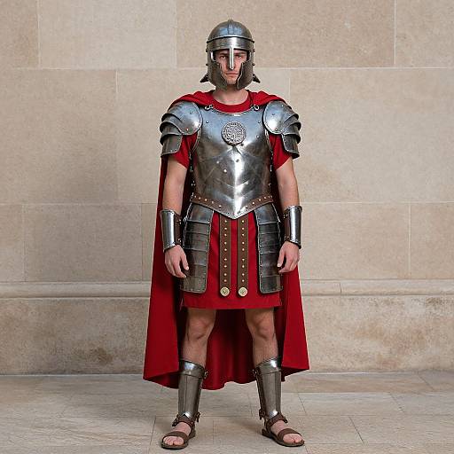 Photograph of a muscular man in Roman-style silver armor, red cape, and sandals, standing against a beige stone wall.