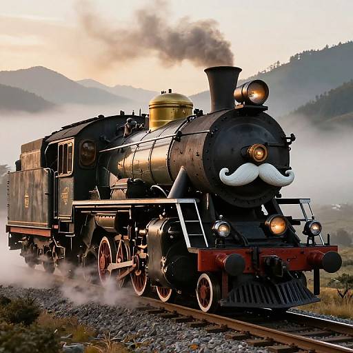 Whimsical Mustached Steam Locomotive