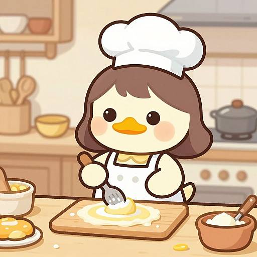 Cute cartoon duck girl in chef hat, whisking eggs on wooden board in cozy kitchen, with bowls and eggs on counter. Digital art.