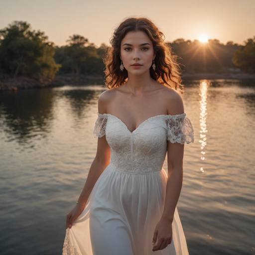 Bride in white dress at sunset by lake