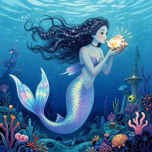 Digital illustration of a beautiful mermaid with flowing black hair, holding a glowing orange seashell, amidst vibrant underwater coral and marine life.