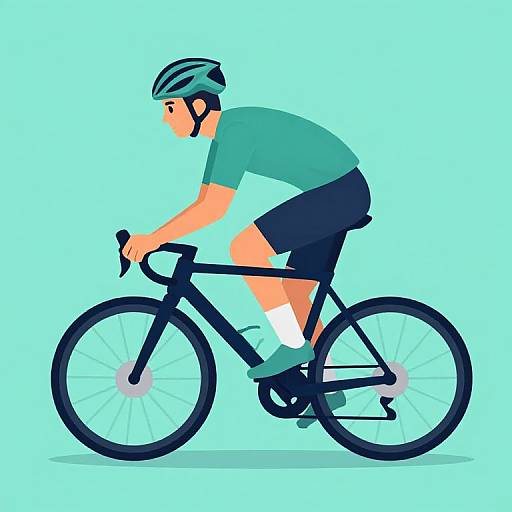 Digital illustration of a male cyclist in a green shirt, black shorts, and helmet, riding a black bike on a light blue background. Side profile,