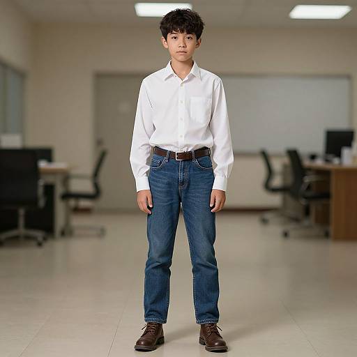 Photograph of an Asian teenage boy with short, dark hair, wearing a white shirt, blue jeans, brown belt, and brown shoes, standing in