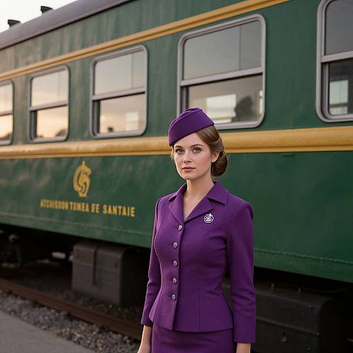 Photograph of a young white woman with brown hair in a purple train conductor uniform and hat, standing in front of a green and yellow vintage train car