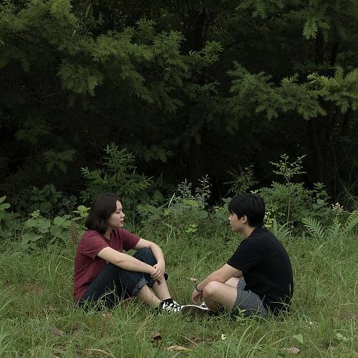 Two People Sitting and Talking in Forest Clearing