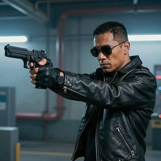 Man Aiming Gun in Leather Jacket