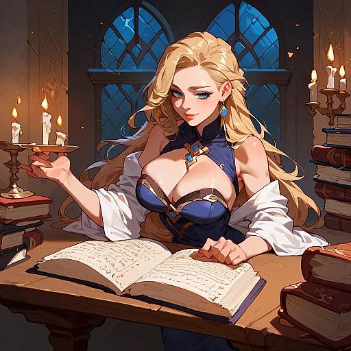 Digital art of a blonde, blue-eyed, busty woman with large breasts, wearing a blue corset and white sleeves, reading a book in a dim
