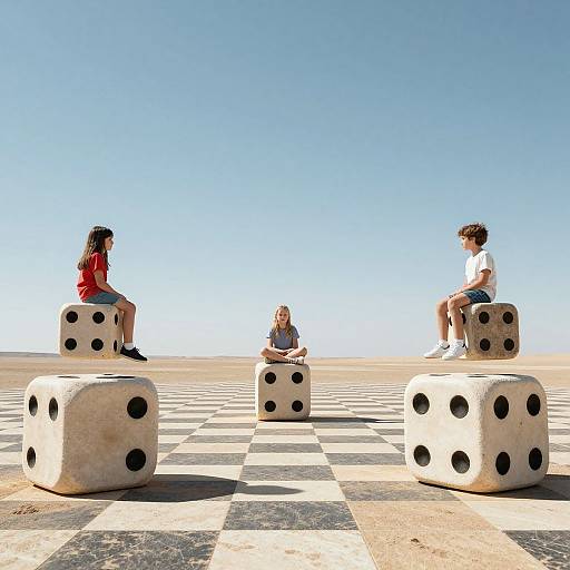 Photograph of three children sitting on oversized dice against a clear blue sky on a large checkered black-and-white tile field.