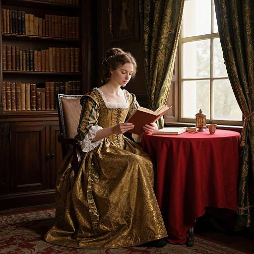 Photograph of a young woman in a gold, ornate Renaissance dress, reading a book by a sunlit window in a library.