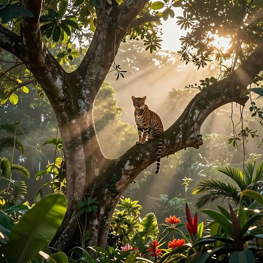 Photograph of a leopard perched on a tree branch, surrounded by lush greenery and sunbeams filtering through the forest canopy.