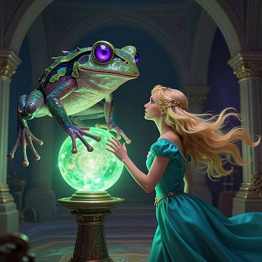 Digital artwork of a blonde princess in a teal dress, touching a glowing orb with a giant, purple-eyed frog. Gothic arches in the background.