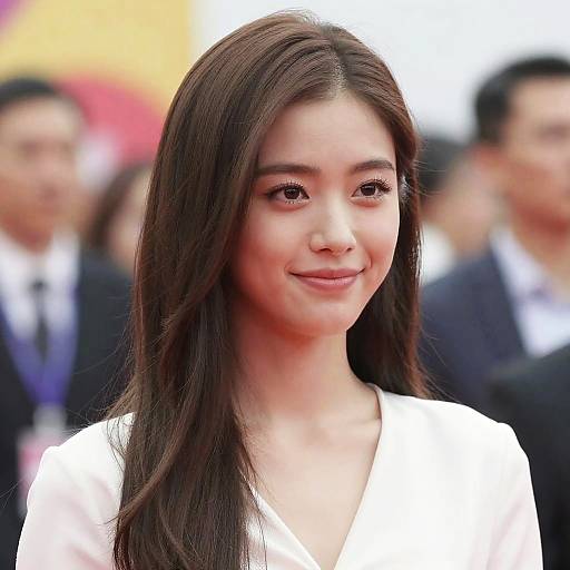 Photograph of a young Asian woman with long, straight brown hair, wearing a white top, smiling softly, with a blurred crowd in the background.
