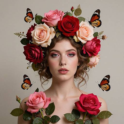Photorealistic portrait of a fair-skinned woman with curly brown hair, wearing a flower crown of red and pink roses, surrounded by floating monarch butterflies
