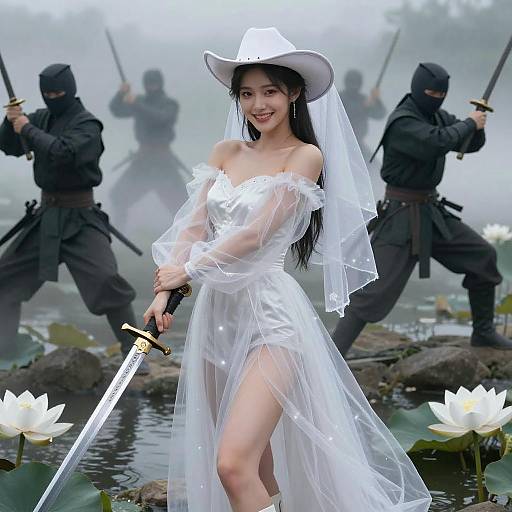Asian Woman in White Dress with Sword and Ninjas