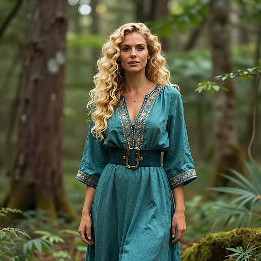 Confident Woman in Teal Dress in Forest