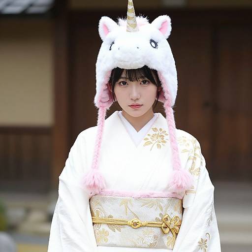 Woman in White Kimono with Unicorn Hat