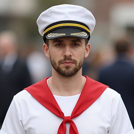 Photograph of a bearded man in a white naval uniform with red neckerchief and black-and-yellow peaked cap, standing outdoors. Blurred crowd