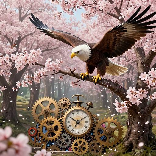 Photorealistic digital art: Majestic bald eagle with outstretched wings perches on cherry blossom branch, above intricate clockwork gears and pink flowers