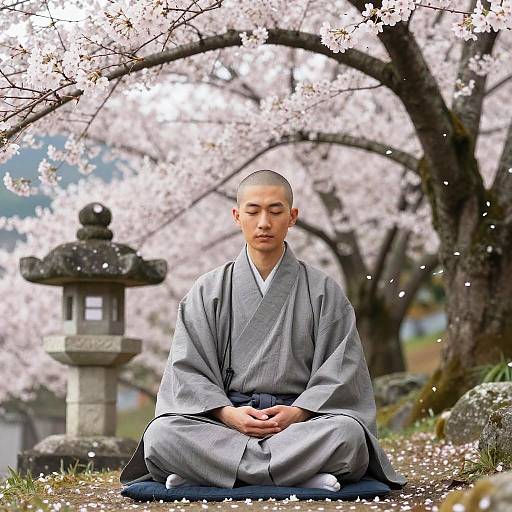 Serene Monk Meditating Under Cherry Blossoms