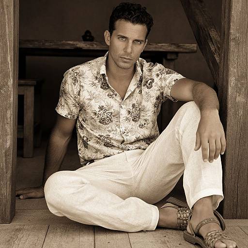 Photograph of a handsome, muscular man with short dark hair, wearing a floral shirt, white pants, and sandals, sitting casually in a wooden doorway