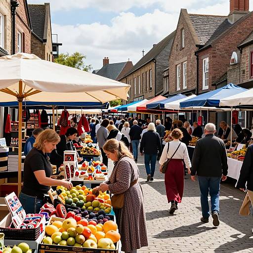 Colorful photograph of a bustling outdoor market on a sunny day, with shoppers browsing stalls under large umbrellas, surrounded by brick buildings.